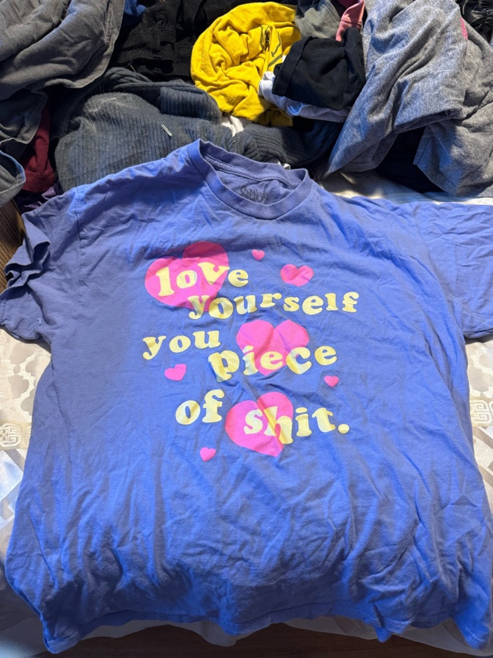 Spencer's Blue Graphic Tee with Pink Hearts and Yellow Text